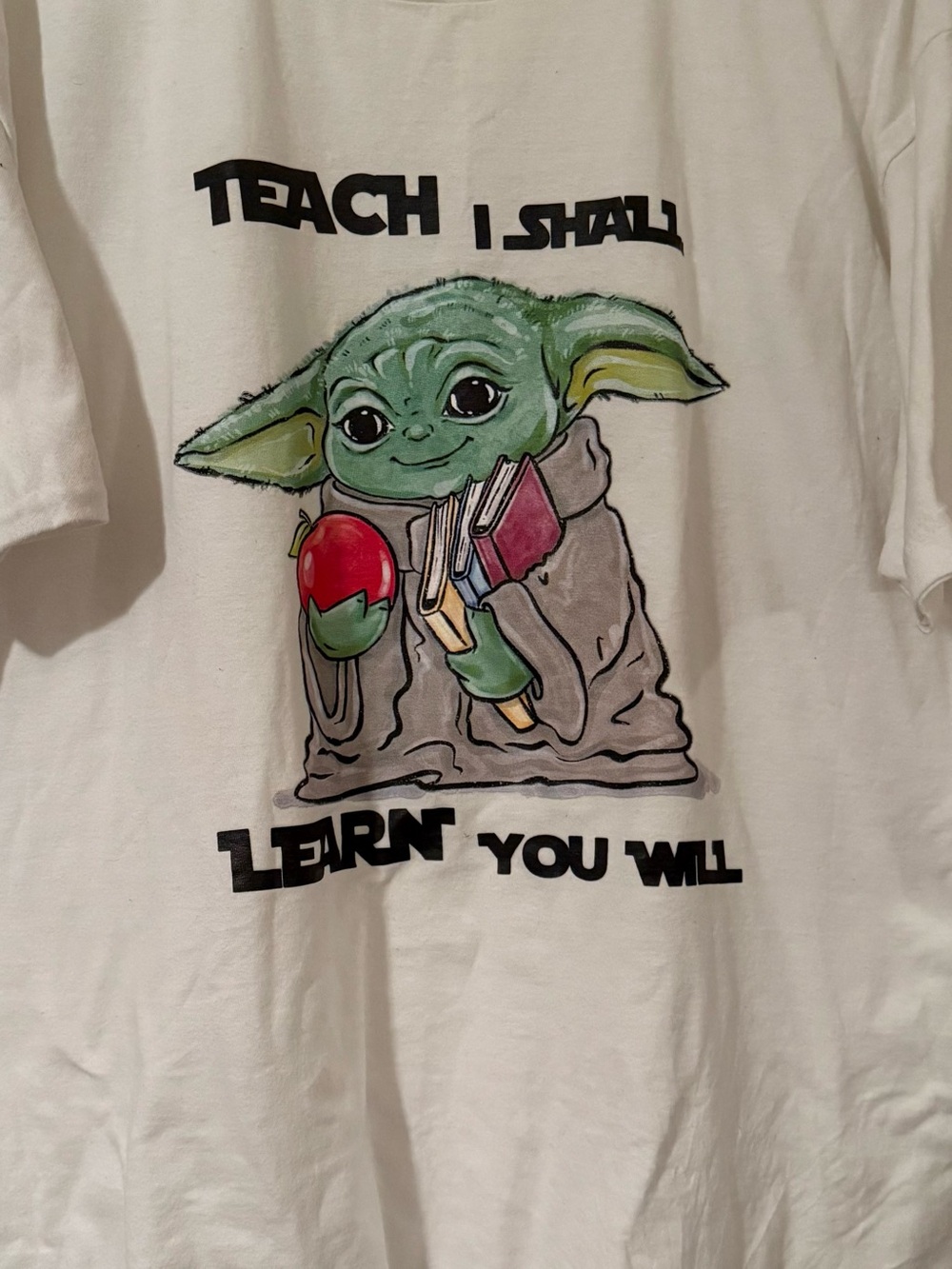 Tultex White Tee with Green Baby Yoda Graphic and Red Apple